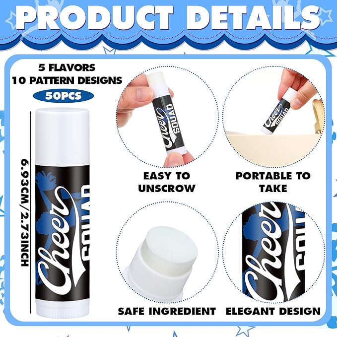 50 Sets Cheer Gifts Bulk 50 Cheer Lip Balm Bulk Moisturizing with 50 Organza Drawstring Gift Bags 50 Tags Cheerleader Gifts Cheer Gifts Bulk for Team (Blue)-VivaGrace Women