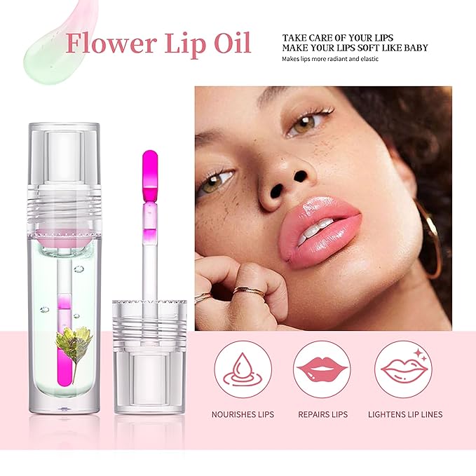 Flower Lip Oil, Hydrating Lip Glow Oil, Plumping Lip Oil, Non-Sticky Long Lasting Lip Oil Gloss, Transparent Lip Oil Tinted, Lip Plumper Gloss, Moisturize your lips and Reduce lip lines (05)-VivaGrace Women