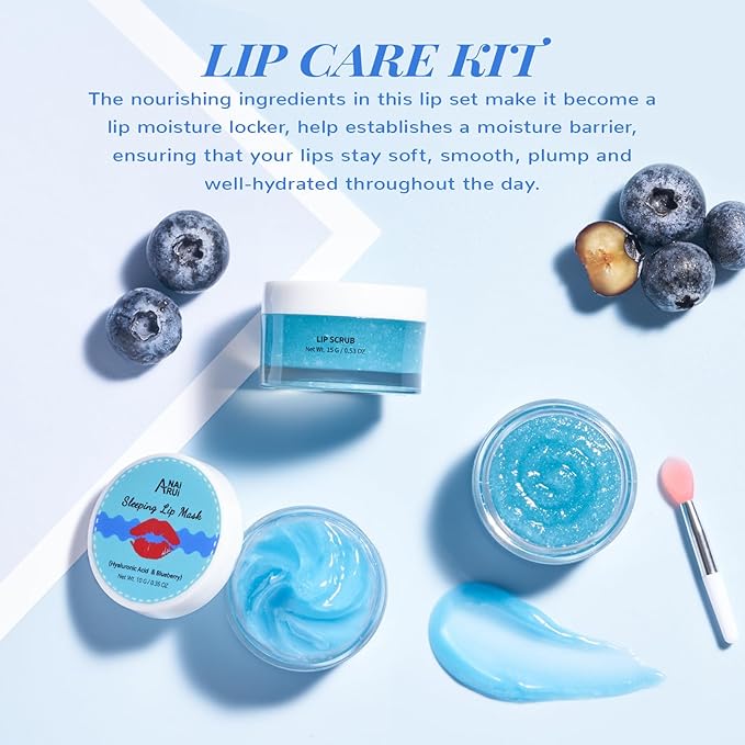 ANAI RUI Lip Therapy Set, Lip Scrub & Lip Mask, Overnight Moisturizing Lip Care Kit, Suagr Lip Exfoliator and Lip Sleeping Mask for A Soft Lips, Lip Gift Set for Dry, Chapped, Dark Lips, Blueberry-VivaGrace Women