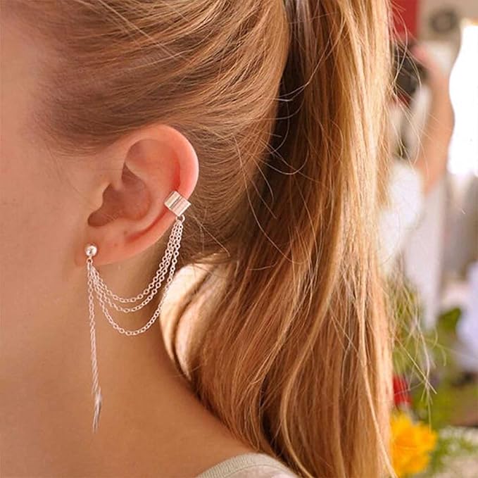 Boho Leaf Cuff Chain Earrings Silver Dangle Chain Earrings Cartilage Helix Earrings Cuff Helix to Lobe Chain Earrings Jewelry for Women and Girls-VivaGrace Women