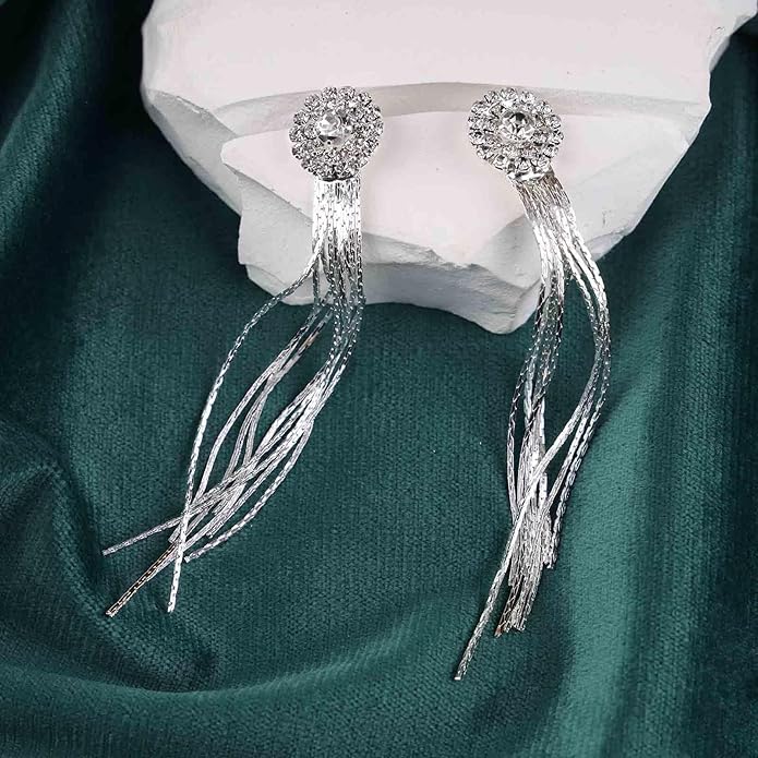 Vintage Crystal Chandelier Dangle Earrings Rhinestone Tassel Chain Earrings Wedding Chandelier Earrings Silver Full Cz Chain Earrings Jewelry for Women-VivaGrace Women