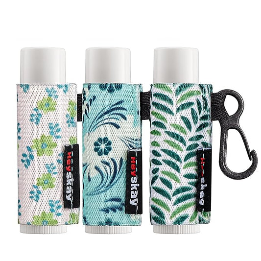 3PCS Lip Balm Holder Lip Gloss Sleeves Keychain Lipstick Holder Keychain Chapstick Elastic Sleeves Bulk(Green Print Flower X3)-VivaGrace Women
