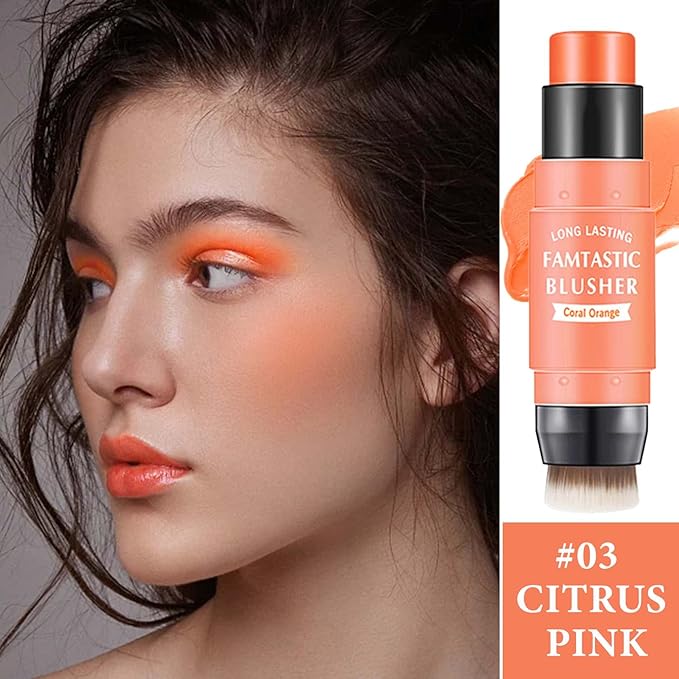 Cream Blush Stick,Blush Stick for Cheeks with Contour Brush,3-in-1 Long Lasting Waterproof Blush&Eye Shadow&Lip Gloss for Natural Skin Types（03 Citrus Pink）-VivaGrace Women