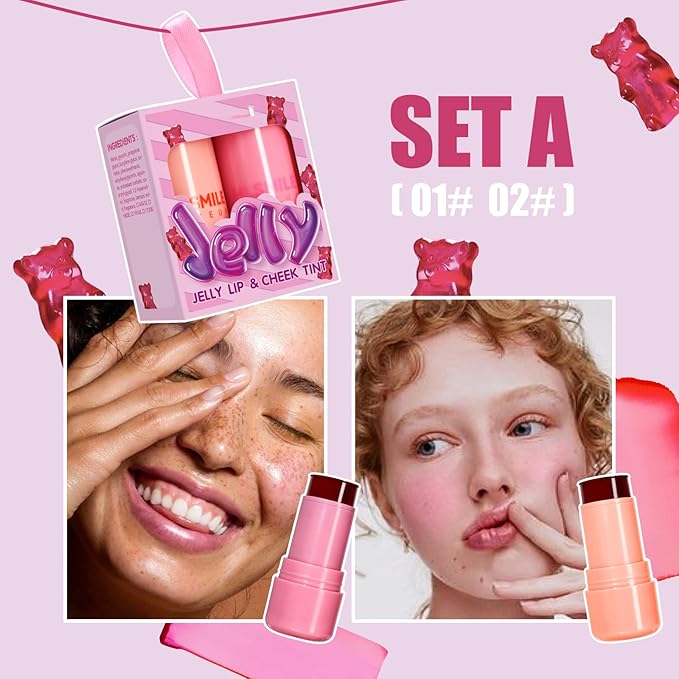 2 Pcs Milk Jelly Blush, Milk Cooling Water Jelly Tint, Vivid Color Water Jelly Tint Milk Blush, Sheer Eye Lip & Cheek Stick Stain, Long Wearing, Watercolor Finish Lip Gloss for Women, 01&02-VivaGrace Women