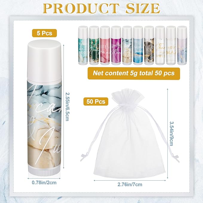 50 Sets Inspirational Lip Balm Gifts Moisturizing Lip Balm Bulk Thank You Lipstick for Guest 5 Flavors Marble Style Lip Balm with Organza Bags for Family Reunion Favor Women Stocking Gift Stuffers-VivaGrace Women
