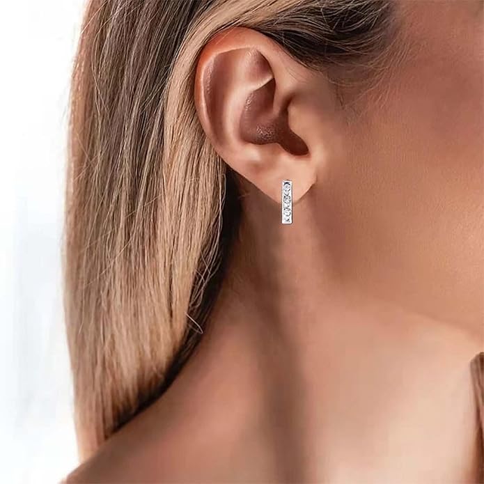 Geometric Crystal Bar Earrings Silver Cz Bar Stick Earrings Cz Rhinestone Bar Stud Earrings Silver Minimalist Earrings Jewelry for Women and Girls-VivaGrace Women