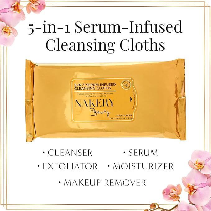 NAKERY 5 in 1 Infused Makeup Remover Wipes for Face - Gentle Cleansing for Women - Eye Makeup Remover for Sensitive Skin - Anti Aging Exfoliating