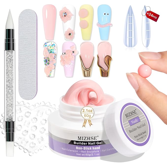 MIZHSE Solid Nail Builder Gel, 2.1 oz 60g Nude Builder Gels for Nails Non-Sticky Solid Builder Gel for Extensions Hard Gels with 24pcs Dual Forms and Silicone Pen Nails Art Manicure Set-VivaGrace Women