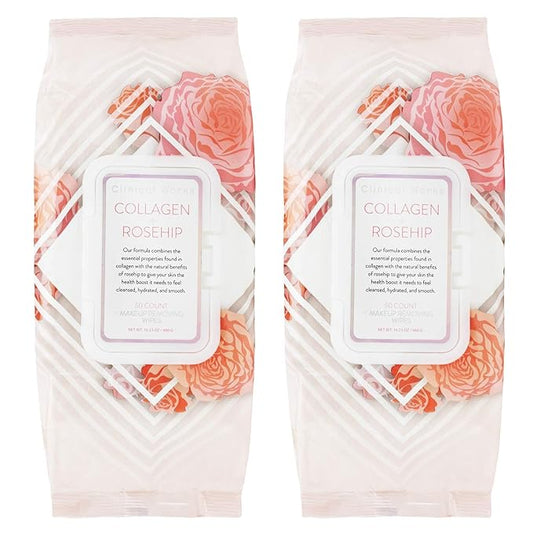 Makeup Remover Wipes Bulk Pack- Collagen and Rosehip Facial Cleansing Wipes, 2 Pack