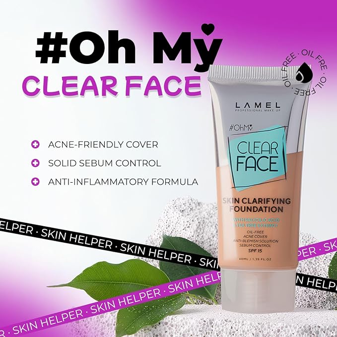 Lamel- Oh my Clear Face Foundation-406 Sand | Contains tea tree extract and salicylic acid |Controls sebum production |Anti-blemish formula |Oil free foundation | 40ml-VivaGrace Women