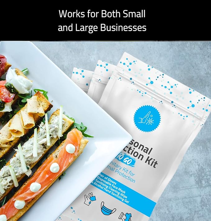 Personal Protection Kit TO GO, Mini 4 Item PPE Kit for travel and school | Includes 1 Each of Face Covering, Gloves, Cleansing Wipes & Hand Cleansing Gel | 10 - Pack (Light Blue)-VivaGrace Women