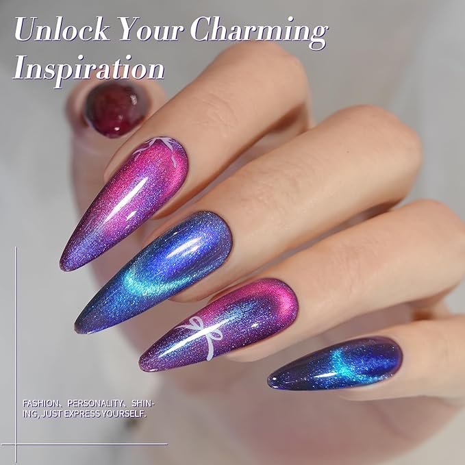 Born Pretty Magnetic Gel Nail Polish Set,Purple Blue Cat Magnetic Eye Gel Jelly Glass Crystal Magnetic Gel Polish Nail Art Manicure Kit 6PCS-VivaGrace Women