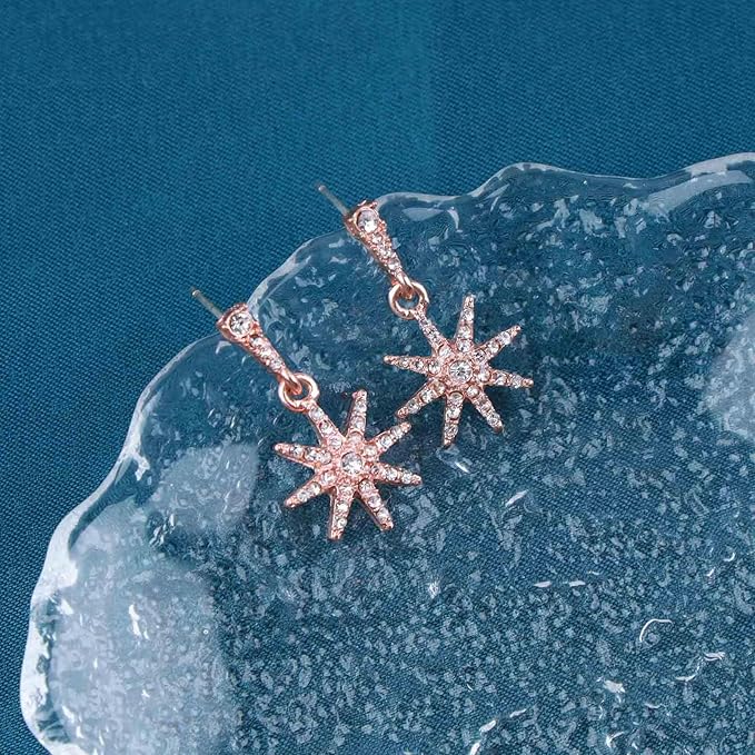 Boho Crystal Sunburst Earrings Rose Gold Star Drop Stud Earrings Cz Paved Starbust Earrings Celestial Earrings Jewelry for Women and Girls-VivaGrace Women