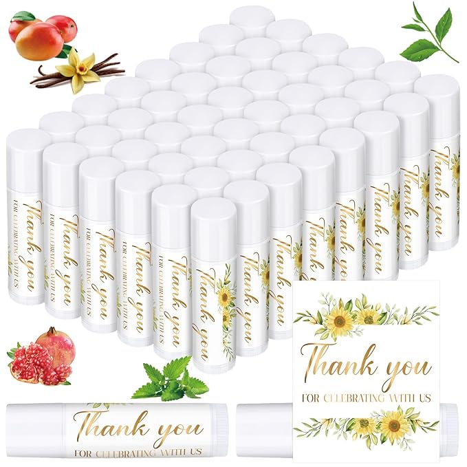 Dunzy 50 Pcs Thank You Gift Lip Balm Bulk Baby Shower Party Favors Bridal Shower Favor Lip Care with Assorted Fruit Flavors Thank You Lipstick for Guest Basket Gift Stuffer (Sunflower)-VivaGrace Women