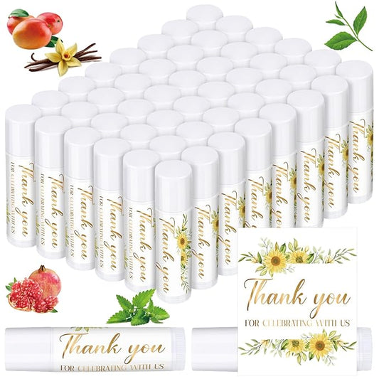 Dunzy 50 Pcs Thank You Gift Lip Balm Bulk Baby Shower Party Favors Bridal Shower Favor Lip Care with Assorted Fruit Flavors Thank You Lipstick for Guest Basket Gift Stuffer (Sunflower)-VivaGrace Women