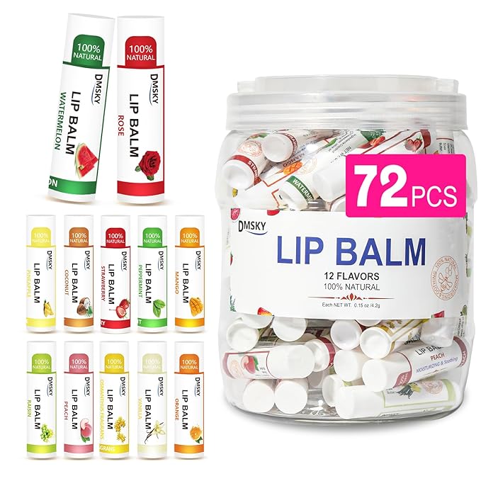 DMSKY Lip Balm Bulk 72 Pack, Lip Balm Hydrating with Vitamin E and Coconut Oil 12 Flavors, Lip Moisturizer Treatment - Party Favors Bulk Gift-VivaGrace Women