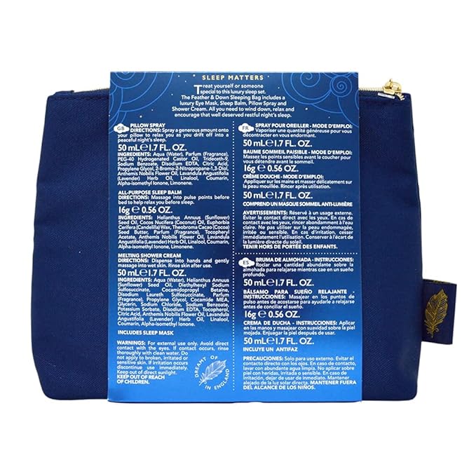 Feather & Down Sleeping Bag Gift Set: Luxury Eye Mask, Sleep Balm, Pillow Spray and Shower Cream, with Calming Lavender & Chamomile Essential Oils, Vegan & Cruelty Free-VivaGrace Women