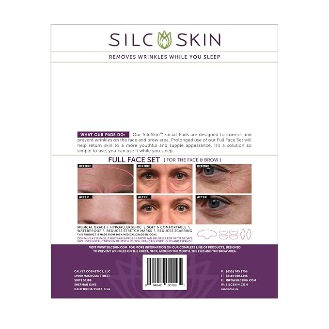 SilcSkin Full Face Set, Helps with Face & Brow Wrinkles from Sun Aging Side Sleeping, Reusable Self Adhesive Medical Grade Silicone, 1 Brow Pad, 4 Eye Pads, 2 Multi-Area Pads - 45 Day Supply-VivaGrace Women