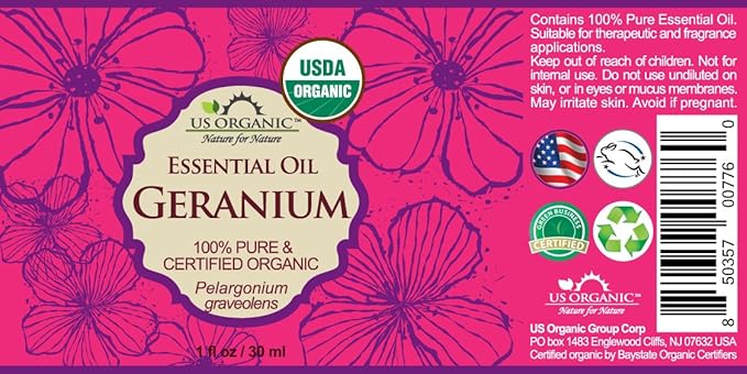 US Organic 100% Pure Geranium Essential Oil - USDA Certified Organic, Steam Distilled - W/Euro droppers (More Size Variations Available) (30 ml / 1 fl oz)-VivaGrace Women