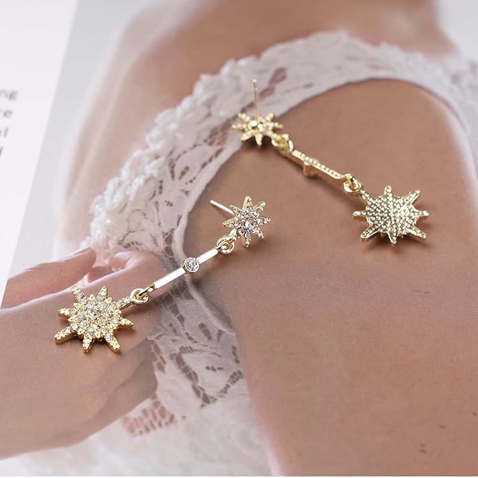 Vintage Crystal Starburst Drop Earrings Long Rhinestone Northstar Earrings Gold Cz Star Dangle Earrings Cz North Star Stud Earrings Jewelry for Women-VivaGrace Women