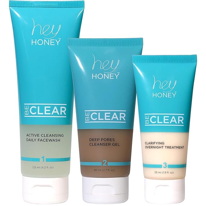 Hey Honey Skincare Be Clear 3-Step Acne Clearing Kit |Clear Face Wash, Deep Pores Cleansing, Overnight Treatment | with Propolis & Honey | Clear Blemish Skin Purifying Formulas | 3-Piece Kit-VivaGrace Women