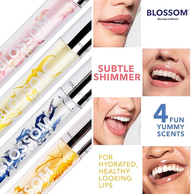 Blossom Moisturizing and Hydrating Shimmer Sparkle Lip Oil with Olive Oil + Grape Seed Oil, Infused with Real Flowers, 3g, Coconut-VivaGrace Women