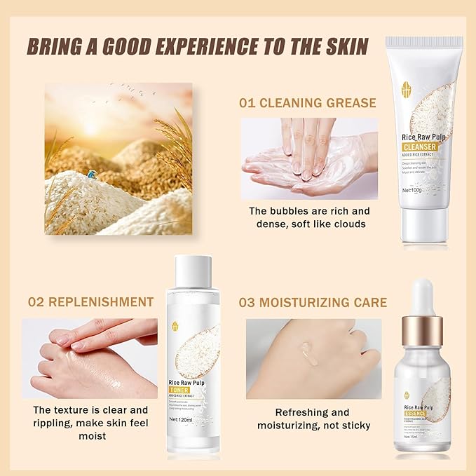 Skincare Gifts for Teenage Girls - Rice Raw Pulp Skin Care Sets & Kits - 6PCS Pamper Gifts for Women with Facial Cleanser-Toner-Eye Cream-Essence-Emulsion-Cream - Gift Set for Firming Hydrating Skin-VivaGrace Women