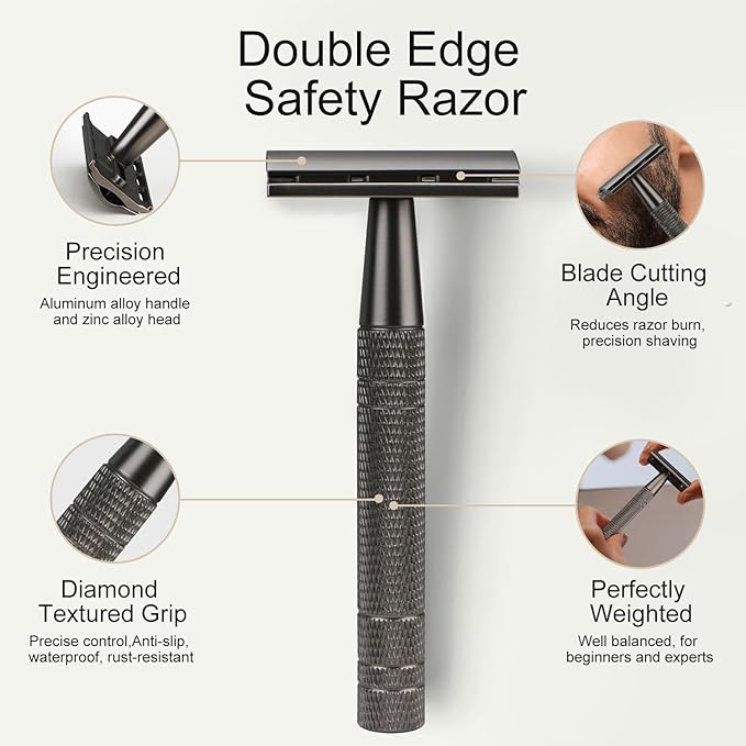 Matte Gun Black Double Edge Safety Razor, Single Blade Razors for Men and Women, with 10 Stainless Steel Safety Razor Blades, Reusable, Eco-friendly, Smooth and Close Shaving, Plastic Free-VivaGrace Women