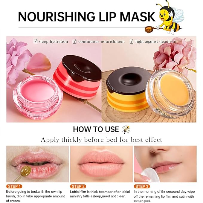 Bee Lip Balm Honey Pot,4 PCS Strawberry & Honey Moisturizing Propolis Lip Mask,Hydrating Prevention Dry and Cracked Lip Scrubs Exfoliator,Lip Sleep Mask Reduces Lip Lines Lip Skin Care Products…-VivaGrace Women