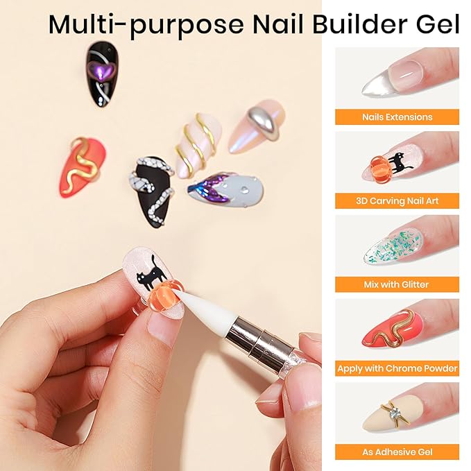 MIZHSE Solid Builder Gel - 1 oz Clear Non Stick Hand Hard Gel with 6 Colors Chrome Nail Powder and Nail Form Extension Kit for Salon and Home DIY-VivaGrace Women