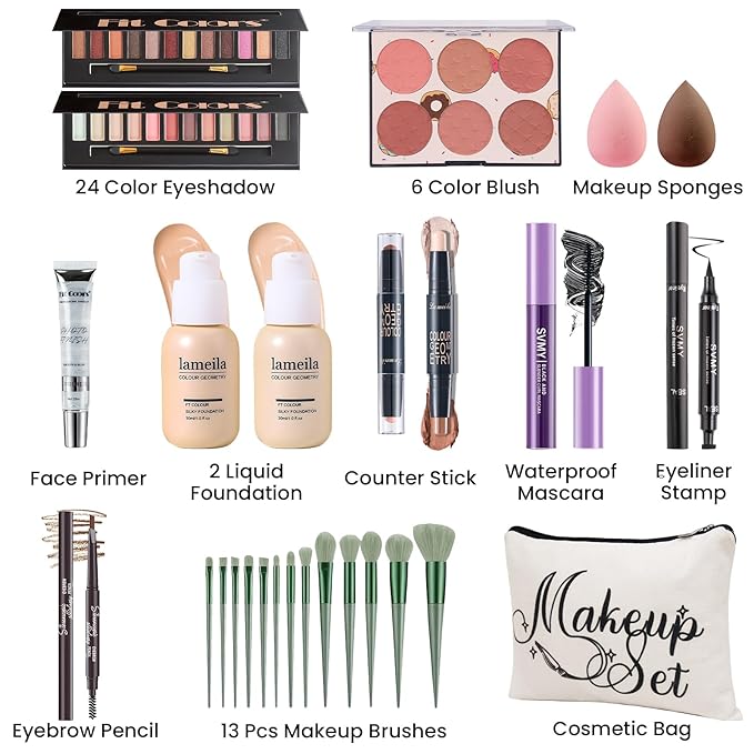 Makeup Kit for Women Full Kit, Travel Makeup Kit for, Makeup Present Set for Teens Girls Beginners Professionals, Makeup Bundle Include 2 Matte & Glitter Eyeshadow Palettes, Lip Gloss Set-VivaGrace Women