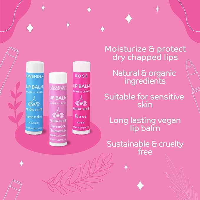 Floral Lip Balm Collection, Vegan Lip Balm Set, Beeswax Free, with Avocado Oil, Organic Jojoba Oil, and Vitamin E, Natural Moisturizer for Dry, Chapped or Cracked Lips, 3 Tube Set-VivaGrace Women