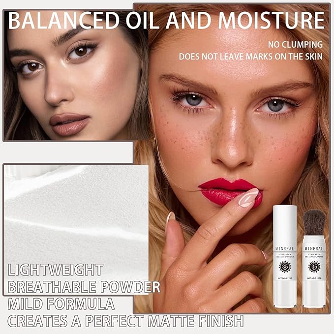 Mineral Sunscreen Setting Powder, SPF 35 Translucent Loose Powder, Mineral Brush Powder, Oil Control Natural Matte Finish, Lasting Lightweight Breathable for All Skin (#03 White)-VivaGrace Women