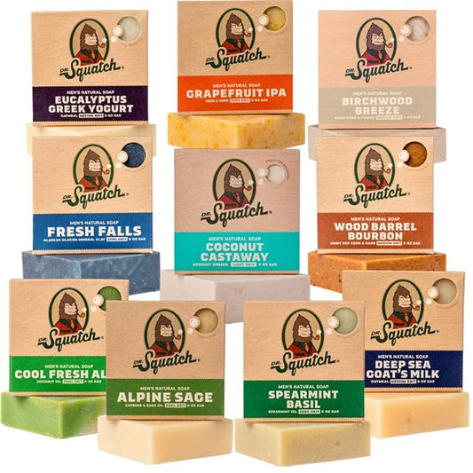 Dr. Squatch Natural Bar Soap for Men Variety Gift Set - Cold Process No Harsh Chemicals - Coconut Castaway, Wood Barrel Bourbon, Fresh Falls, Birchwood Breeze, Cool Fresh Aloe & more (5 oz, 10-Pack)