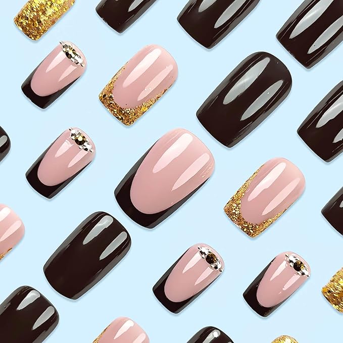 Medium Square Press on Nails French Tip Fake Nails Gold Glitter False Nails with Rhinestones Designs Sparkly Glue on Nails Acrylic Artificial Nails Cute Stick on Nails for Women 24Pcs