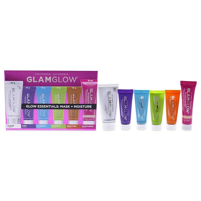 GLAMGLOW Glow Essentials Mask + Moisture Travel Set - SUPERMUD (0.7 oz), GLOWSTARTER NUDE (0.5 oz), GRAVITYMUD (0.35 oz), THRISTYMUD (0.35 oz), POWERMUD (0.35 oz) & FLASHMUD (0.35 oz)-VivaGrace Women