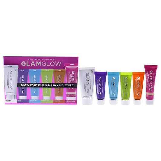 GLAMGLOW Glow Essentials Mask + Moisture Travel Set - SUPERMUD (0.7 oz), GLOWSTARTER NUDE (0.5 oz), GRAVITYMUD (0.35 oz), THRISTYMUD (0.35 oz), POWERMUD (0.35 oz) & FLASHMUD (0.35 oz)-VivaGrace Women
