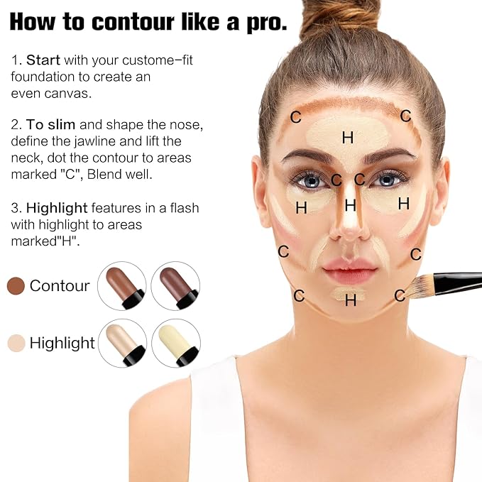 Contour Stick, 2Pcs Dual-Ended Highlighter Makeup Pen & Contouring Stick for Face Shaping, Long Lasting Waterproof Cream Bronzer & Highlight Sticks Make Up Kit for All Skin Tones (01# + 04#)-VivaGrace Women
