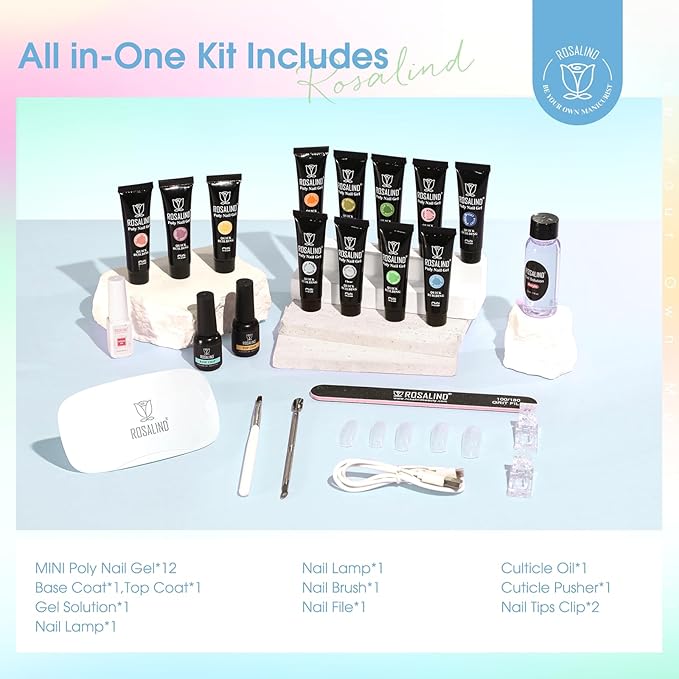 ROSALIND 12PCS Poly Nail Gel Kit with Mini Nail Lamp Nude Brown Cherry Pink Poly Extension Gel Kits-VivaGrace Women