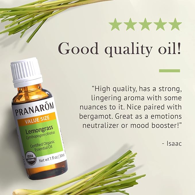 Pranarom USDA Certified Organic Lemongrass Essential Oil (30ml), 100% Pure Undiluted Therapeutic Grade from India for Aromatherapy, Diffuser, Meditation, Massage, Relaxation, Citrus - Lemon-VivaGrace Women