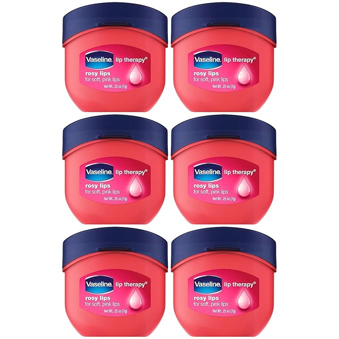Vaseline Lip Therapy Rosy Lips Mini, Pure Petroleum Jelly, Advanced Moisture, Light Rose Fragrance, Sheer Pink Tint on Lips, Mini Vaseline Petroleum Jelly, Soft Vaseline Lips (Pack of 6-0.25 Oz Ea)-VivaGrace Women
