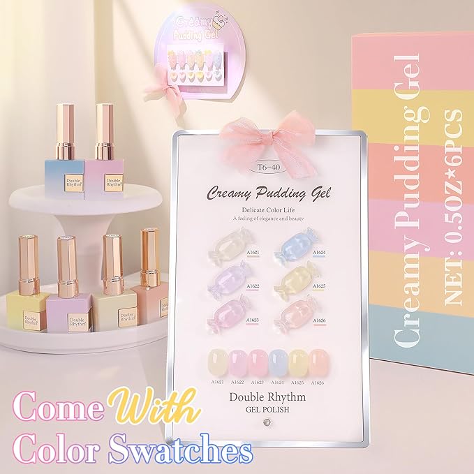 Double Rhythm 6 Pcs 15 ML Gel Polish Set Same Color Same Bottle Soak Off Gel Polish Kit Nail Art Manicure Salon DIY at Home for Women (Jelly Blue Purple Nude Pink-T6-40)-VivaGrace Women