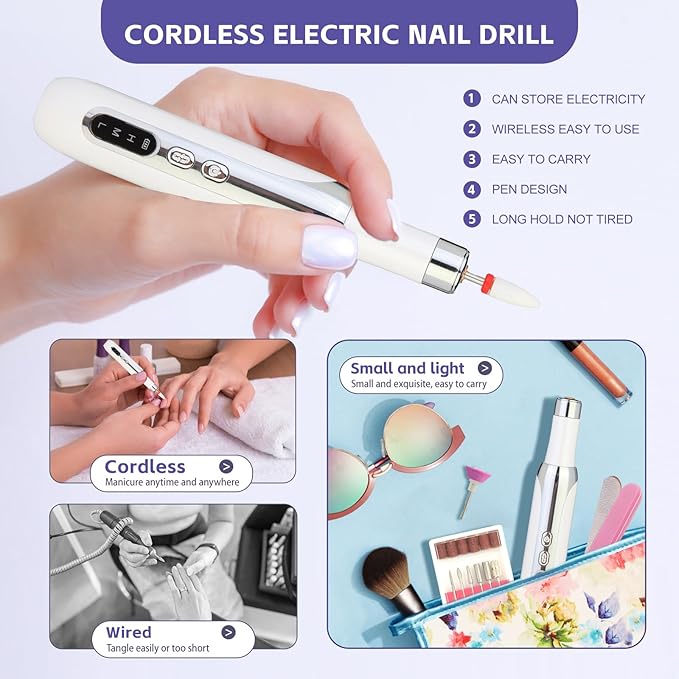 Electric Nail Drill File Cordless,Portable Rechargeable Nail File Kit for Acrylic & Gel Nails,Professional Efile for Manicure Pedicure Polishing,with 12 Nail Drill Bits 31 Sanding Bands,White-VivaGrace Women