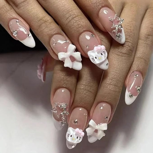 French Tip Press on Nails - Pink Cute Almond Fake Nails - White French Nail Cartoon Press ons Bow Star False Nail Tips Stick on Artificial Rhinestones Nails for Women 24pcs