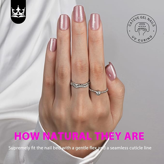 KQueenest Cat Eye Pink Press on Nails Short Square, 30 Pcs Thick Glitter Fake Nails Press ons, Sparkle Bling Acrylic Nails Glue on Short, Shiny Cute False Nails Stick on Nails for Women Manicure