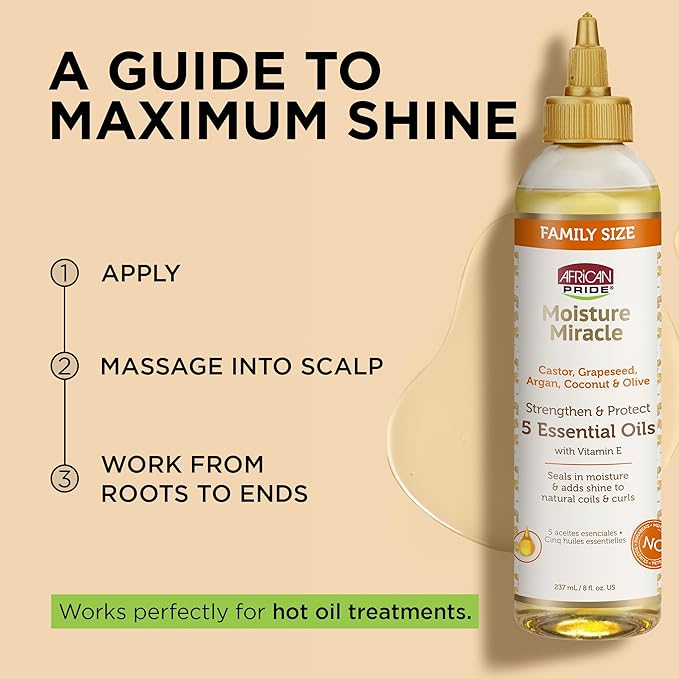 African Pride Moisture Miracle 5 Essential Hair Oils with Vitamin E (3 Pack) | Moisture, Shine, Protection, and Growth | Argan, Castor, Grapeseed, Coconut, and Olive Oil | 8 oz-VivaGrace Women