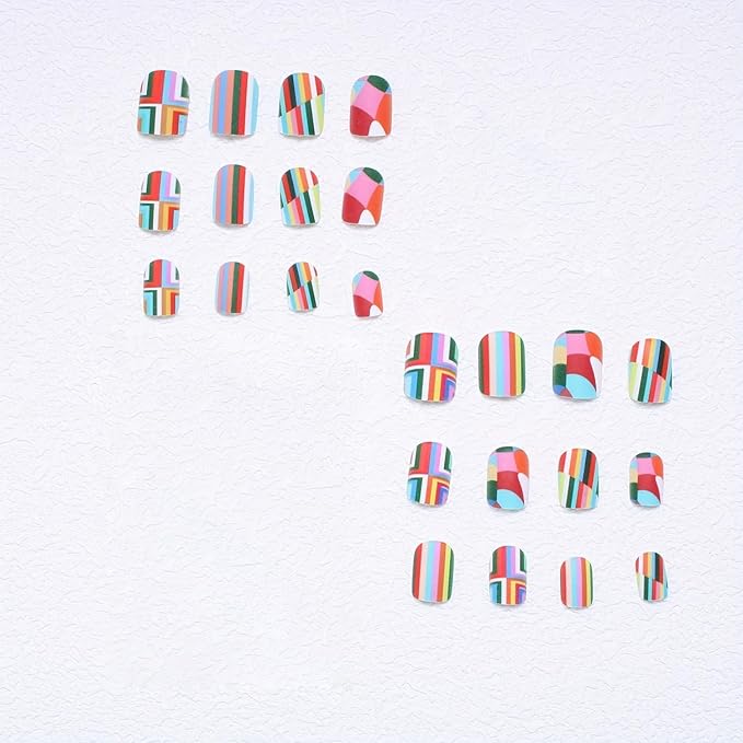 24 Pcs Press on Nails Short Rainbow Fake Nails Square False Nails Design Colorful Stripes and lozenge Designs Glossy Artificial Nail Art Reusable Stick on Nails Kit for Women - 24 Pcs in 12 Sizes