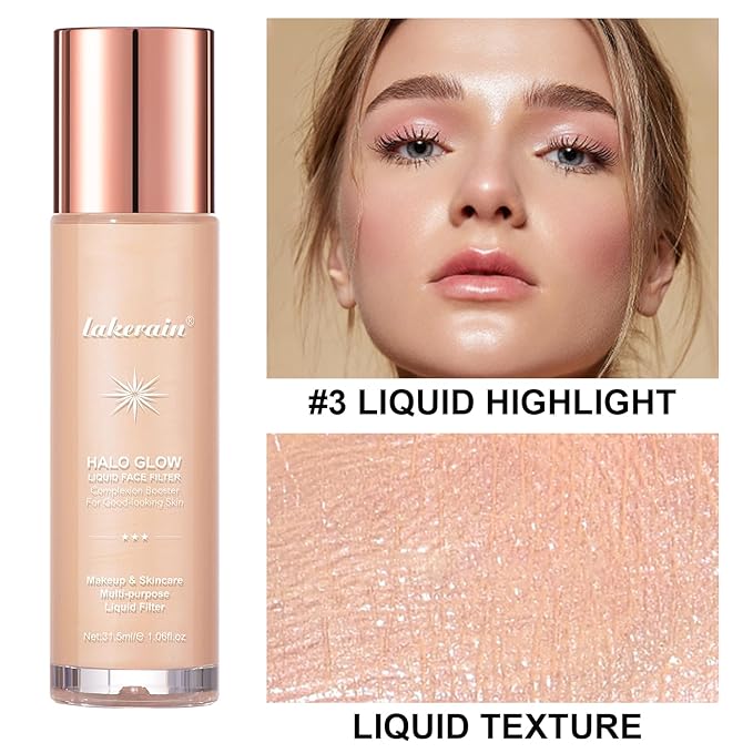 Natural Glow Liquid Filter Makeup, Longwear Face Luminizer, Complexion Booster For Any Part of the Body, Liquid Highlighter with Brush Kit, Infused Hyaluronic Acid, 1.06 fl oz (#03 LIGHT/MEDIUM)-VivaGrace Women