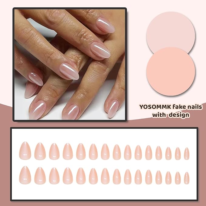 Nude Fake Nails Short Almond Press on Nails with Cat Eye Designs Pearlescent Glue on Acrylic Nails Glossy Full Cover False Nails for Women and Girls