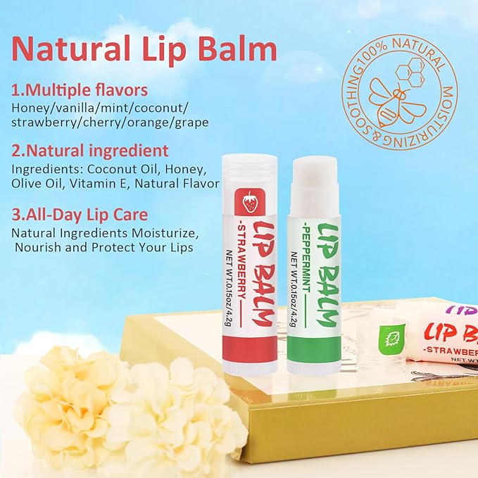 16 Pack Lip Balm, Natural Lip Balm Bulk with Vitamin E and Coconut Oil, Moisturizing Lip Balm for Dry Cracked Lips, Lip Balm for Stocking Stuffers - 8 Flavors-VivaGrace Women